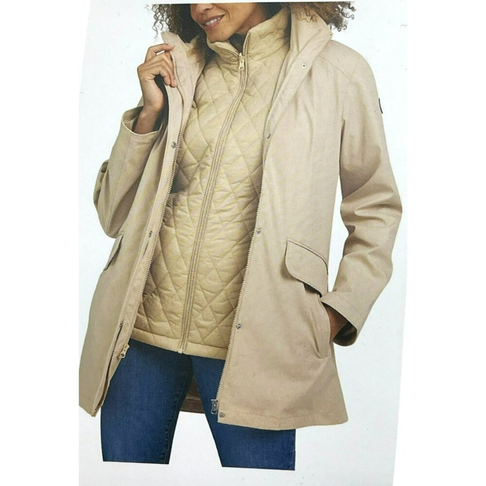 Lands End 3-In-1 Tan Jacket Inner Vest Water-Resistant Adjustable Hood Sz Small